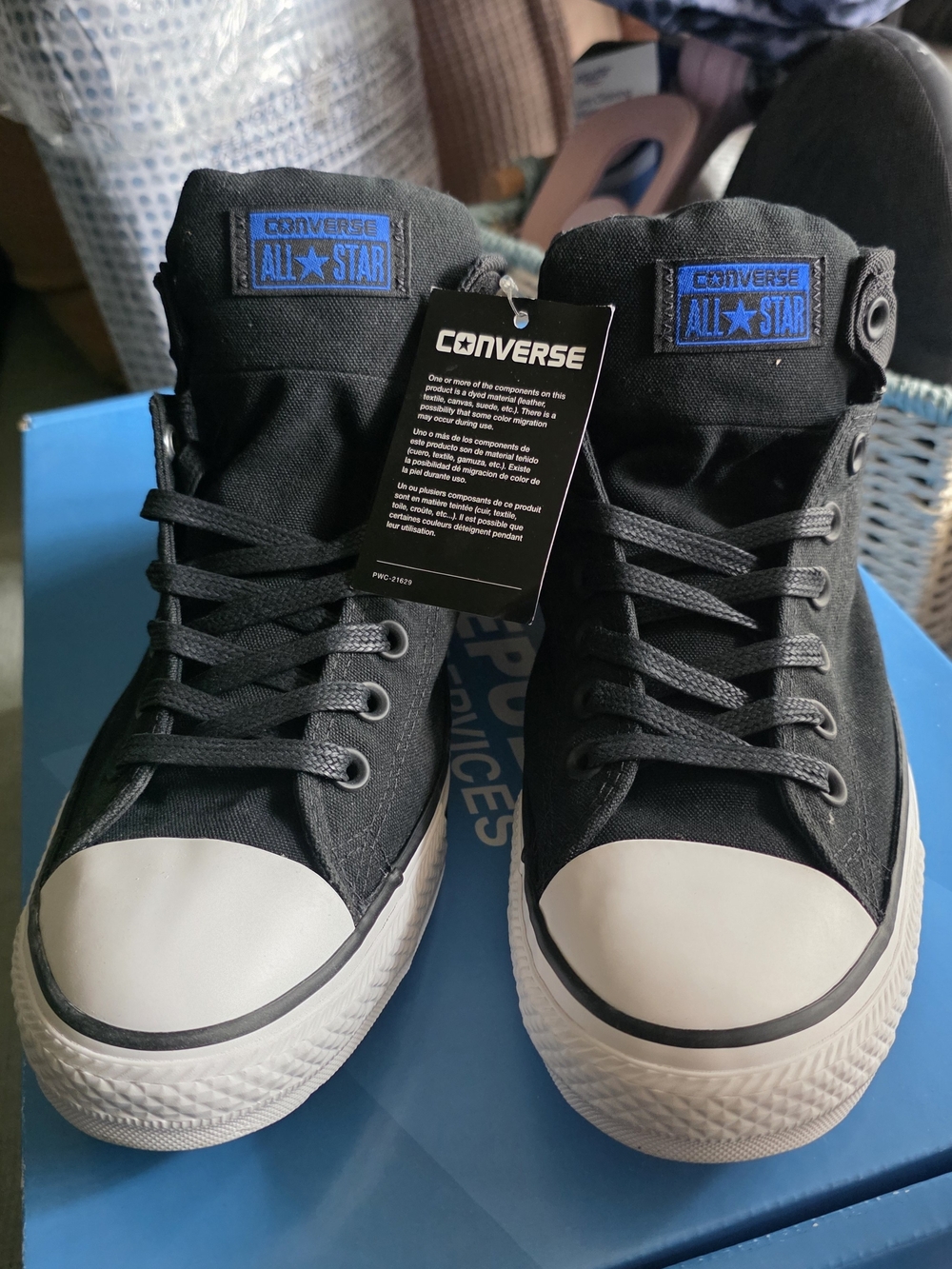 Converse Black High Top Sneakers with White Toe and Blue Logo BRAND NEW WITH TAG